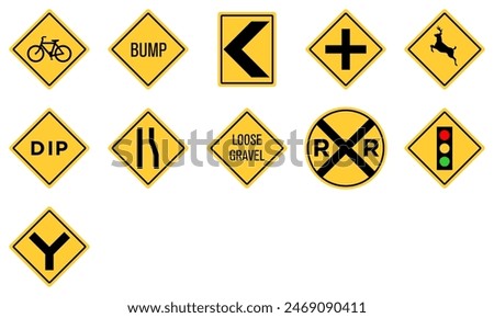 Yellow Black Box Rectangle Traffic Signal Deer Bicycle Crossing RR Railroad Crossing Loose Gravel Dip Low Place Ahead Road Sign Traffic Warning Regulatory Sign Signage Vector EPS PNG Transparent No Ba