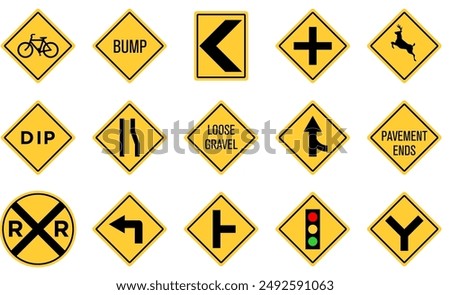 Yellow Black Box Rectangle Sharp Left Turn Merging Traffic Signal Side Pavement Ends Deer Bicycle Crossing RR Railroad Crossing Loose Gravel Dip Low Place Ahead Road Sign Traffic Warning Regulatory Si