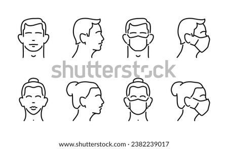 Male and female face in medical mask, front and side view (profile). Health care concept Set of vector linear man and woman icons.