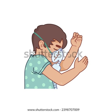 A child boy lies in a hospital bed with an oxygen mask ventilator on his face. Vector illustration on the subject of the HRV pneumonia and covid 19 pandemic outbreak in China.