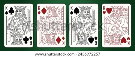 King playing cards set. Spades Hearts Diamonds and Clubs suits. 
Editable Vector illustration.