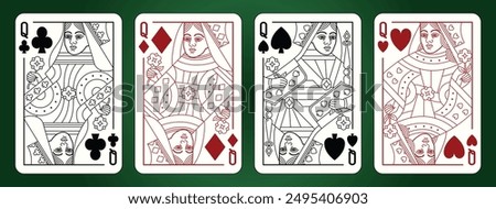 Queen playing cards set. Editable stroke, line. Spades Hearts Diamonds and Clubs suits. 
Vector illustration.