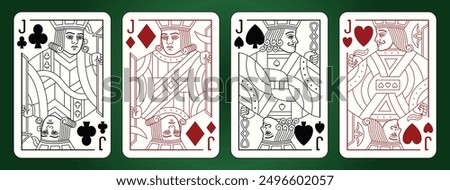 Jack playing cards set. Editable stroke. Spades Hearts Diamonds and Clubs suits. 
Vector line illustration.