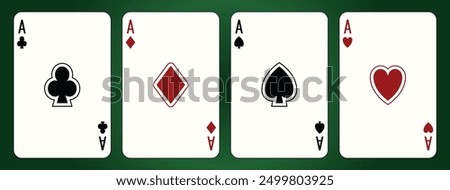 Ace playing cards set. Editable stroke. Spades, Hearts, Diamonds and Clubs suits. 
Vector illustration.