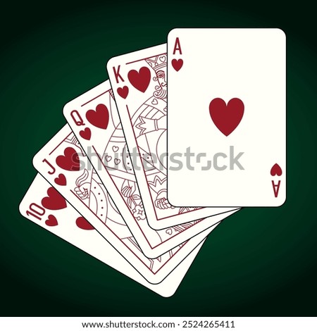 Royal Flush combination, Poker playing cards set. Vector illustration.