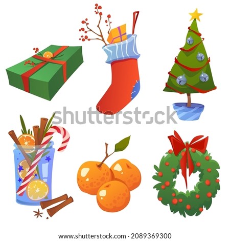 New year and christmas illustrations. Tangerines, Christmas tree, gifts, lollipops. Drawn vector illustrations for greeting cards, stickers, posters and seasonal designs