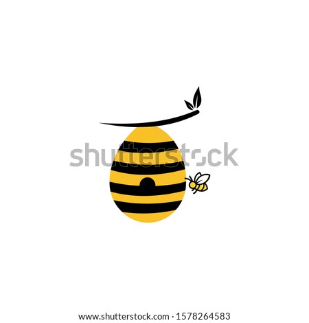 Beehive With Bees Flying Around Cartoon Illustration, Concept for organic honey products, package design,