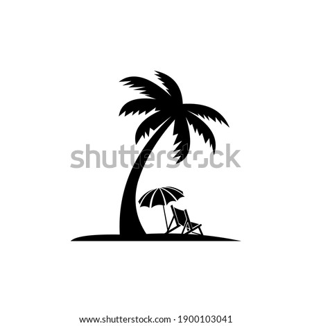 tropical beach, lounge chair. Deck chair and beach umbrella on the sand coast. Flat Design Style.