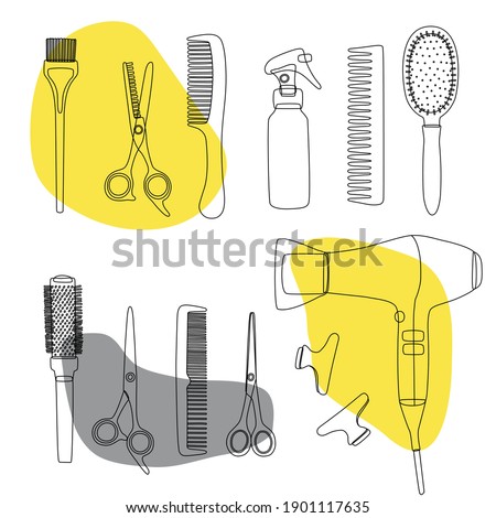 A hand drawn set of doodle hairdressing tools. Sketch, line art of hair salon accessories, scissors, hair dryer, combs, clips. Vector for the design of business cards and backgrounds.