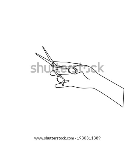 The outline of the scissors in your hand. The barber holds the tool. Sketch, doodle, black line on a white background. Hairdresser's sign, vector with editable stroke.