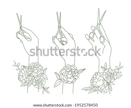 The outline of a pair of scissors in the hairdressers hand and a flower, set. The barber holds the tool in different positions. Sketch, doodle, green line on white background. Hair salon symbol, icon
