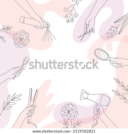 Frame of hairdressing tools in hands of stylist. Hair salon accessories, hair dryer, comb, scissors and abstraction. Template for design, information, business card