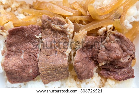 A box of lunch set, Japanese food,Gyudon benton simmered beef and onion on rice in packed lunch