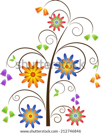 Swirls Tree and Multicolored Flowers, White Background