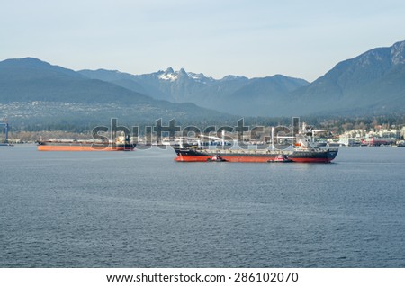 Vancouver, Canada - March 08: Vessels on an anchor in the Vancouver on March 08, 2015  in Vancouver, Canada.
