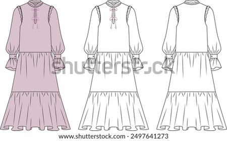 womengirl summer modest dress with frills sketch, womens modesty dress mock up, womens dress vector front and back editable technical drawings