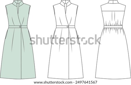 womensgirls formal summer modest dress sketch, womens modesty dress mock up, womens dress vector front and back editable technical drawings