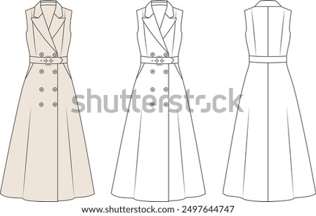 womensgirls formal dress sketch, female maxi lenght summer  dress mock up, womens dress vector front and back editable technical drawings