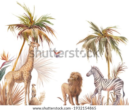 Safari wildlife wallpaper. Illustration with zebra, lion and giraffe. Watercolor animal and jungle flora on white background. 