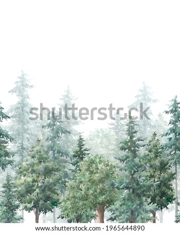 Watercolor woodland repeating background. Card or invitation design with forest trees. Evergreen trees, oak, fir natural border