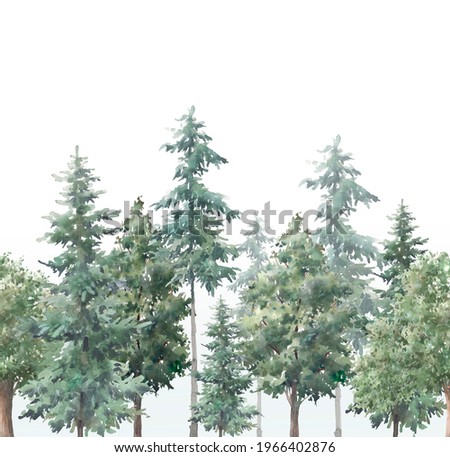 Watercolor woodland repeating border. Seamless wallpaper design with forest trees. Evergreen trees, oak, fir natural background