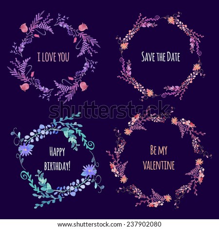 Watercolor holiday flowers wreath set. Hand painted wedding, valentine\'s day, birthday illustration.