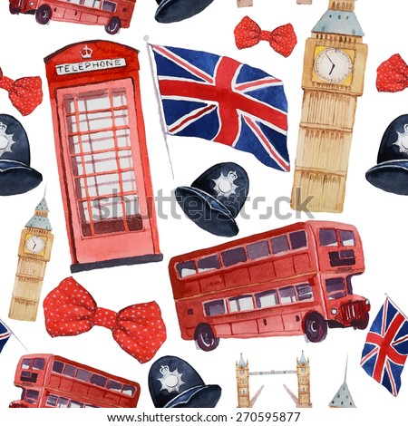 Watercolor London pattern. Seamless texture with hand drawn elements: red phone booth, Big Ben clock, flag of Great Britain, helmet of policeman, bow tie with polka dot, policeman helmet, red bus