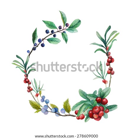 Watercolor wild berries frame. Hand drawn floral wreath with natural elements: cranberry, blackthorn, blueberry branches and leaves. Vector vintage design