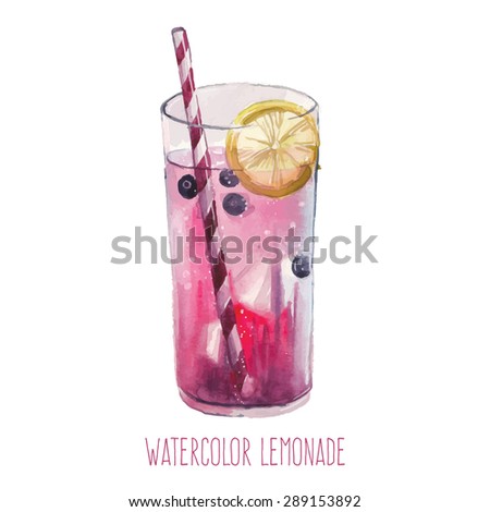 Watercolor lemonade with lemon, ice and blueberry. Hand drawn isolated summer drink glass on white background. Artistic vector illustration.