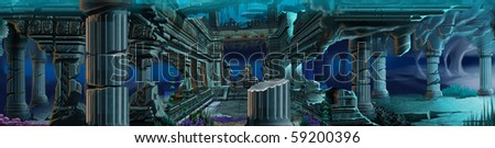 Fantastic illustration. Sunk ancient town. Underwater background.