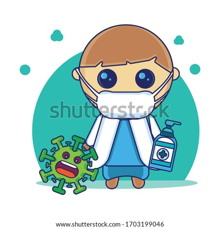 Cute Doctor With Handsanitizer and Virus. for fight covid-19 corona virus. Vector Illustartion