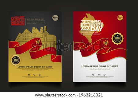 Set poster promotions Montenegro happy Independence Day background template with elegant ribbon-shaped flag, gold circle ribbon and silhouette Montenegro city. vector illustrations