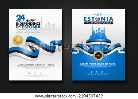 Set poster design Estonia happy Independence Day background template with elegant ribbon-shaped flag, gold circle ribbon and silhouette Estonia city. vector illustrations