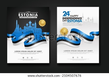 Set poster design Estonia happy Independence Day background template with elegant ribbon-shaped flag, gold circle ribbon and silhouette Estonia city. vector illustrations