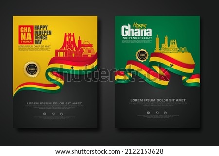 Set poster design Republic Ghana happy Independence Day background template with elegant ribbon-shaped flag, gold circle ribbon and silhouette Estonia city. vector illustrations