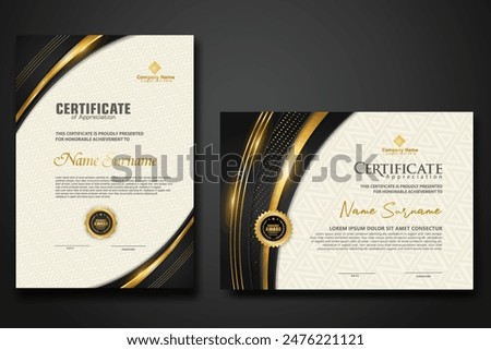 Luxury certificate template with glitter effect dan lines gold shine on frame background,diploma,Vector illustration and vector Luxury premium badges design.