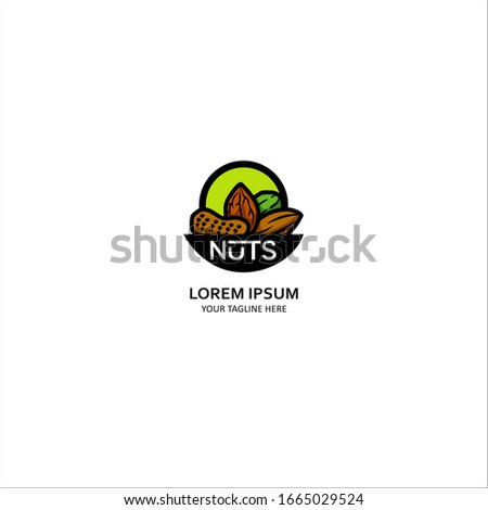 Vector logo for Nuts, cut sign with pile of healthy walnut, australian macadamia, sweet almond, forest hazelnut, cracked pistachio, peanut in nutshell, veg mix label with text nuts for vegan store.