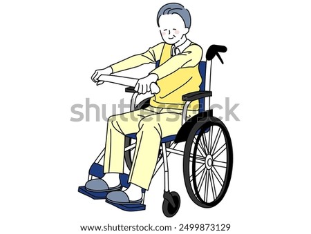 Illustration of a senior man in a wheelchair stretching with a towel