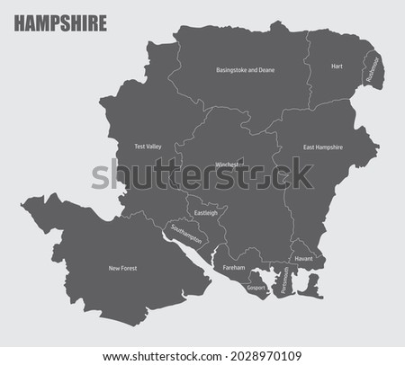 The Hampshire county isolated map divided in districts with labels, England Imagine de stoc © 