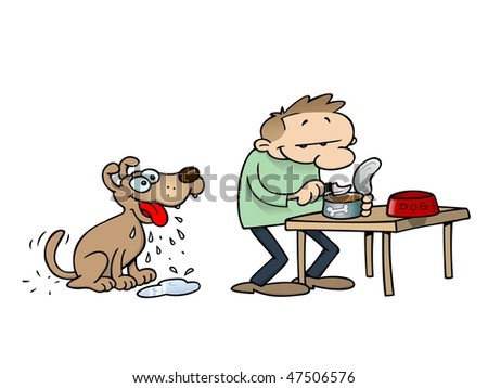 Toon Dog Drooling While His Master Prepares A Dish Of Can Food