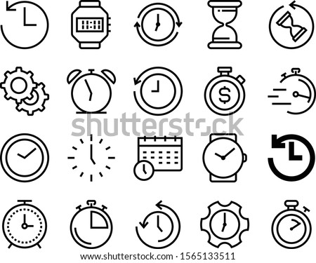 clock vector icon set such as: timetable, mechanical, appointment, reload, support, target, money, complete, system, alarmclock, calendar, month, past, mechanic, machinery, transmission, refresh