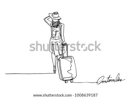 Continuous line art or One Line Drawing of traveler walking rolling bag on wheels.- Vector illustration