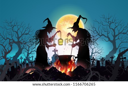 Happy Halloween background with Old witch with magical potion and the dead trees under the moonlight.- Vector illustration