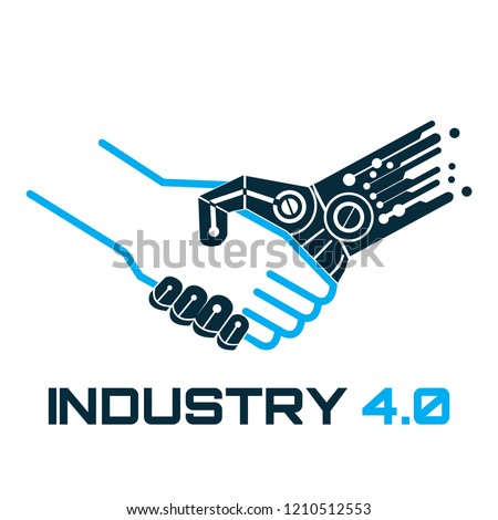 Industrial 4.0 Cyber Physical Systems concept,Robot and human holding hand with handshake,Human and technology logo, Partnership with a robot