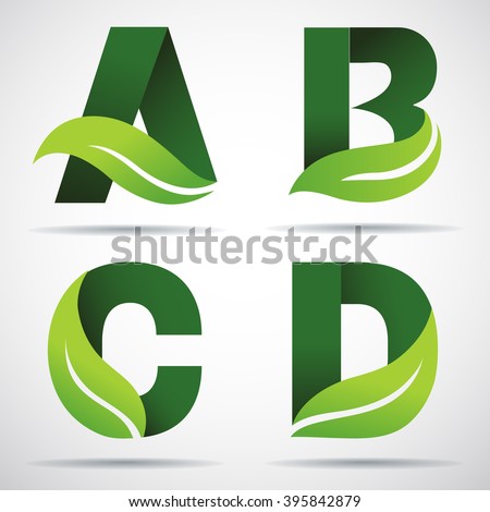 Vector Green Alphabet Set Of Eco Letters Logo With Leaves: A, B, C,D ...