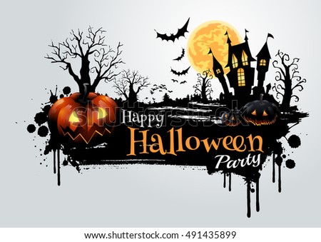 Halloween pumpkins and dark castle on full Moon background,Happy Halloween message design illustration.