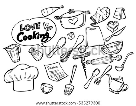 love cooking concept.Poster with hand drawn kitchen utensils. 