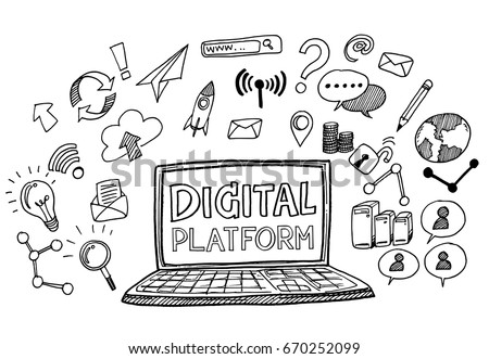 Hand draw business doodles digital platform,Drawn in black ink on white background