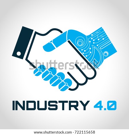 Industrial 4.0 Cyber Physical Systems concept,Robot and human holding hand with handshake,Human and technology logo, Partnership with a robot