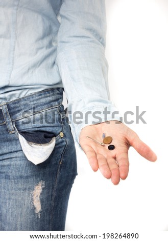 Empty pocket and hand with a coin and a button